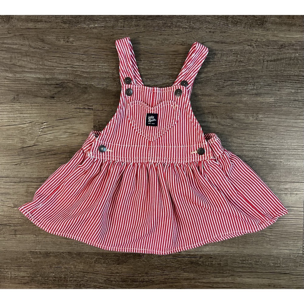 Baby B'gosh Skirtall Dress Girls Sz 12 M Red Engineer Hickory Stripe Overall H26